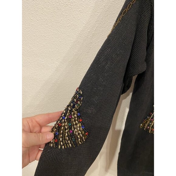 Victoria Harbour Sweater Womens Large Black Beaded Tassel Crewneck Ramie Cotton - Picture 5 of 6